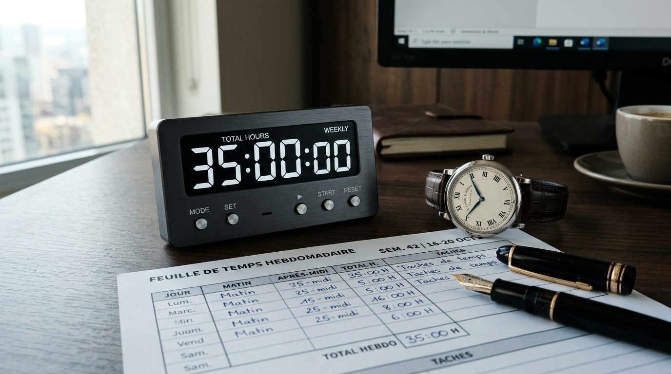 Espace de travail moderne avec feuille de temps hebdomadaire 35 heures montre mécanique et horloge digitale