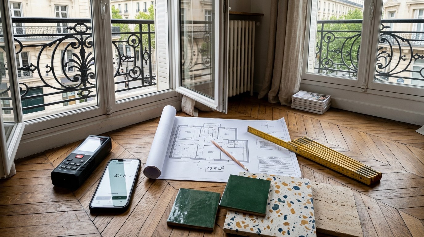Appartement haussmannien en rénovation avec plan d'architecte télémètre laser et échantillons de carrelage