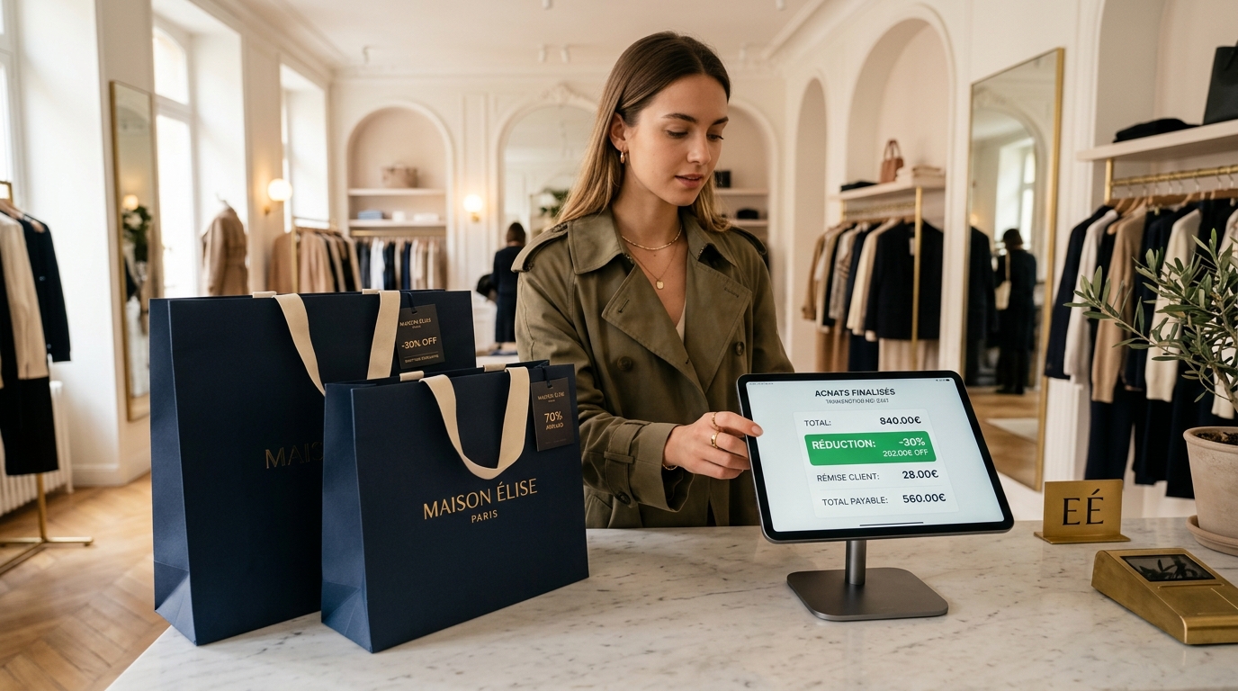 Boutique élégante avec étiquettes de soldes et tablette affichant le calcul des remises