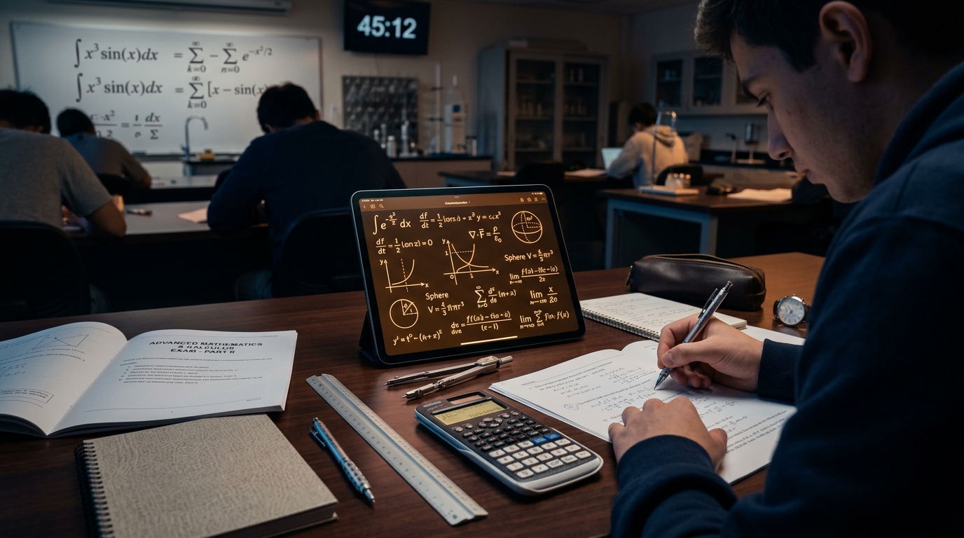 Bureau de travail mathématique avec équations différentielles et calculatrice scientifique